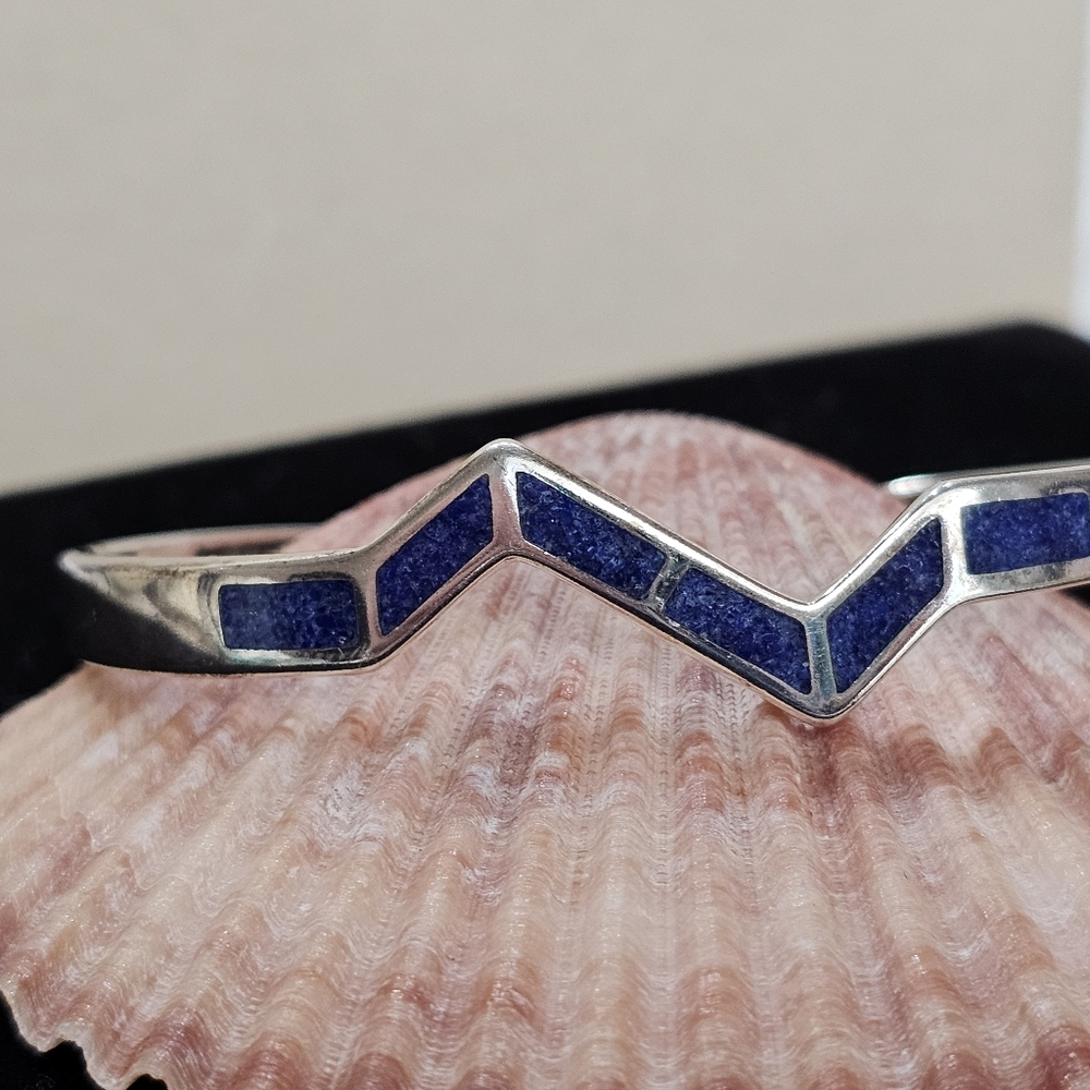 Vintage Coleman Co Walden Johnson Lapis 925 Silver Oval Zigzag Bracelet - Picture 6 of 11